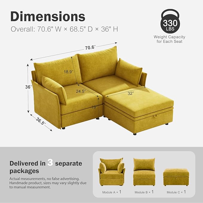ABCASA Luxury Modular Sectional Sofa, L-Shaped 3-Seat Couch - Image 2