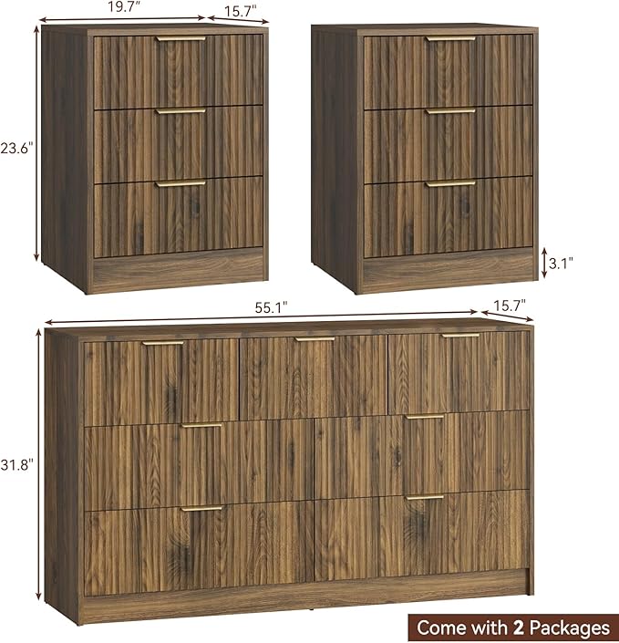 7 Drawer Dresser & Nightstand Set, 3-Piece Fluted Bedroom Dresser and Night - Image 3