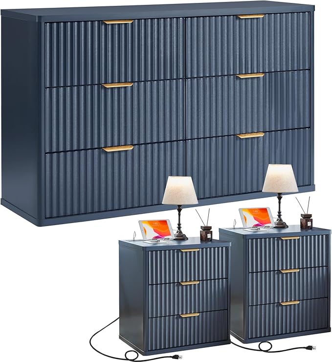 LEYAOYAO 48" Wide Fluted Dresser and 3 Drawers 23" Nightstand Set of 2 by LEYAOYAO-Findtheshiningpointofyourideallife%EF%BC%81