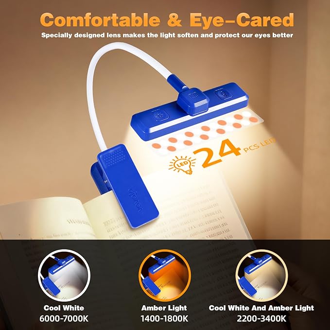 VAVOFO Rechargeable Book Light Rotatable：24 LEDs Reading Light, 3-Color & - Image 3