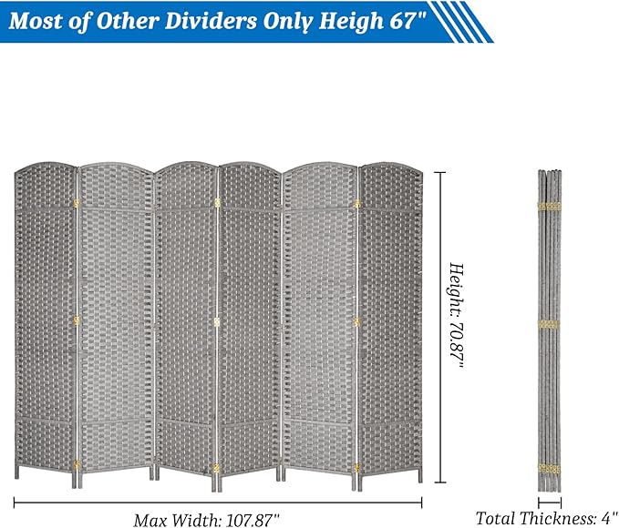 VINGLI 6-Panels Tall Rattan Room Divider, 6 FT Folding Privacy Screen, Indoor - Image 3