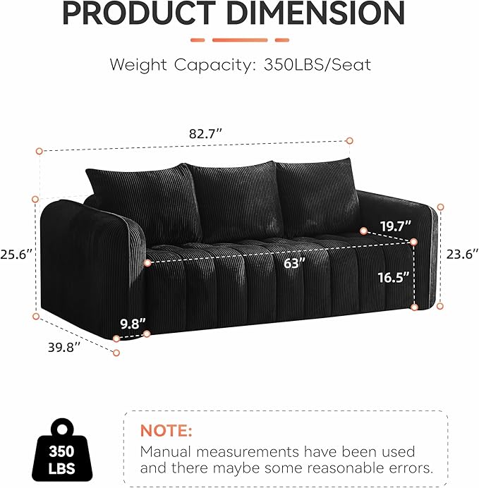 83'' Boneless Corduroy Sofa, Oversized 3 Seater Deep Seat Couch - Image 2