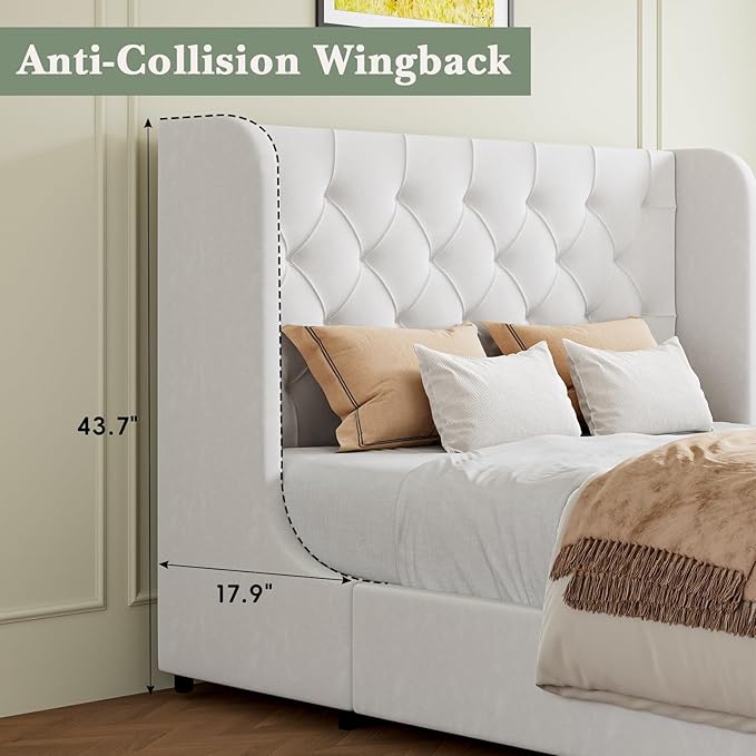 HOMBCK White Queen Bed Frame, Velvet Upholstered Platform Bed Frame - Image 4