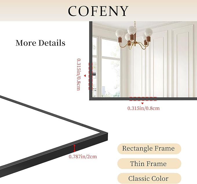 Black Bathroom Mirror for Wall, 55x30 Inch Rectangle Mirrors - Image 5