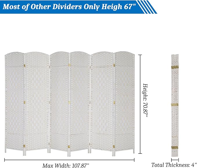 VINGLI 6-Panels Tall Rattan Room Divider, 6 FT Folding Privacy Screen, Indoor - Image 3