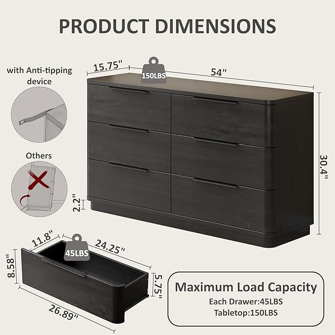6 Drawer Dresser for Bedroom, Curved Profile Design, Wooden Black Dresser - Image 2