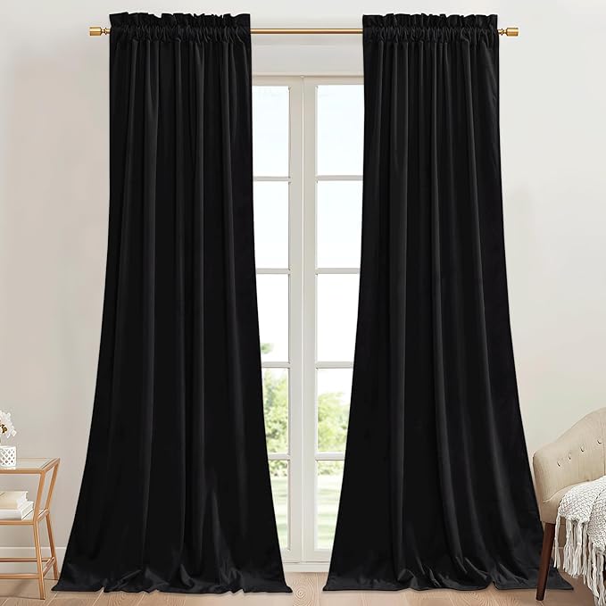 StangH Black Blackout Velvet Curtains 90 inches Long Thick Heavy Privacy by StangH