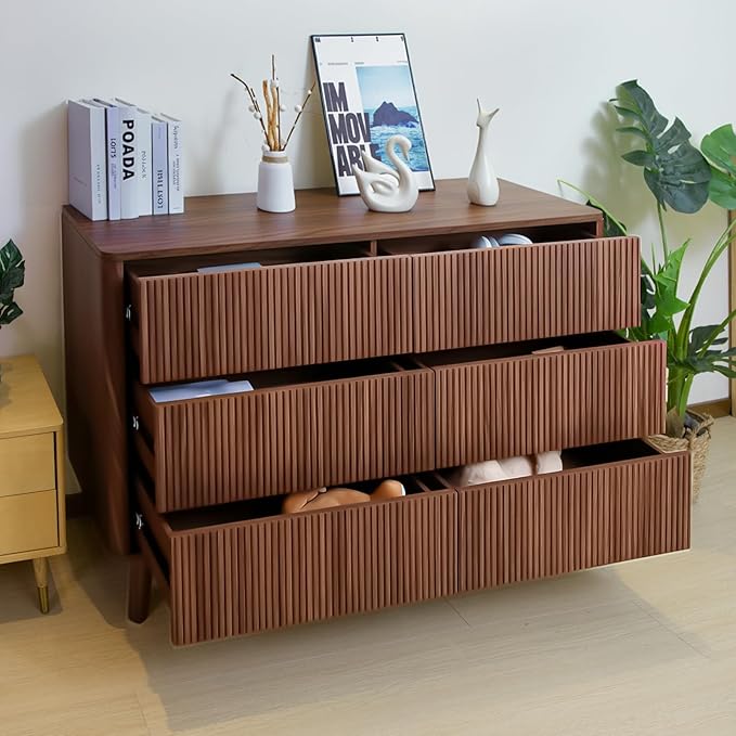 Fluted 6 Drawers Dresser for Bedroom, Wooden Dresser TV Stand, Wood Drawer - Image 9