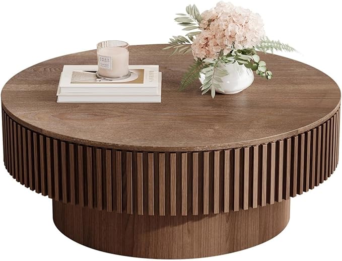 LKTART Round Coffee Table for Living Room, Accent Fluted Drum Coffee Table by LKTART