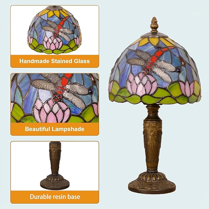 Tiffany Lamp Stained Glass Table Lamp 7.9X7.9X14.2 Inches Dragonfly and Lotus - Image 6