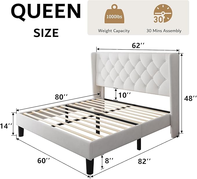 iPormis Queen Size Velvet Platform Bed Frame - Image 2
