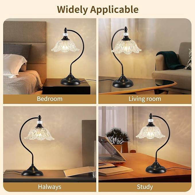 Table Lamp for Bedroom, Crystal Glass Beside Lamp, Plug in Dimmable Black Lamp - Image 6