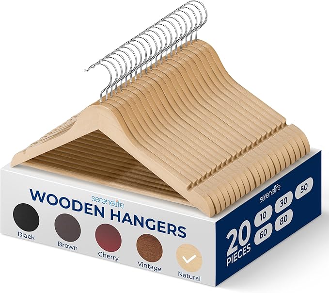 SereneLife 20 Pack Wooden Coat Hangers – Durable Suit Hangers by SereneLife
