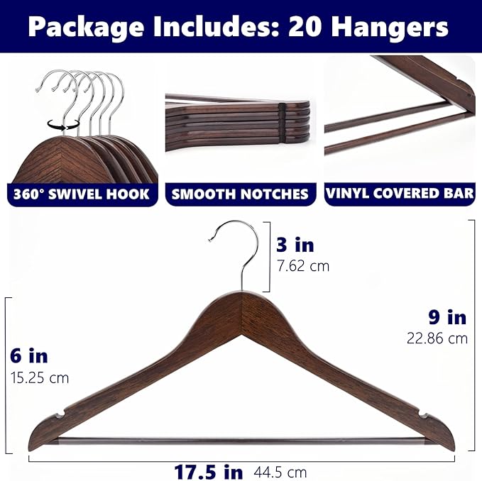 Amber Home 20 Pack Vintage Wooden Coat Hangers, Walunt Wood Suit Hangers - Image 2