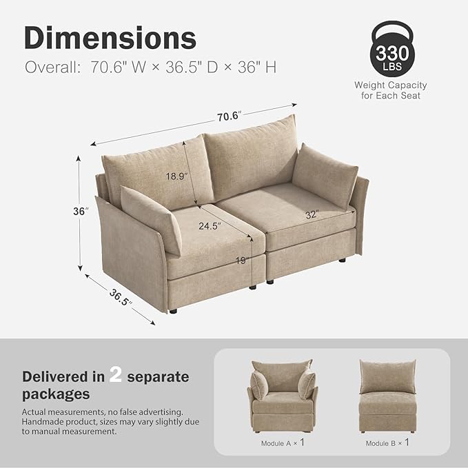 ABCASA Oversized Loveseat Sofa, Modern Modular Sectional Couch Beige Fluffy - Image 2