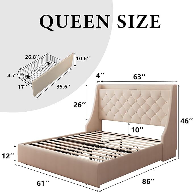 iPormis Queen Bed Frame with 4 Storage Drawers, Upholstered Platform Bed Frame - Image 2