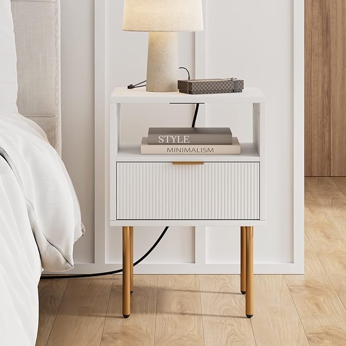 Masupu Nightstand with Charging Station, Mid-Century Modern Bedside Table with - Image 9