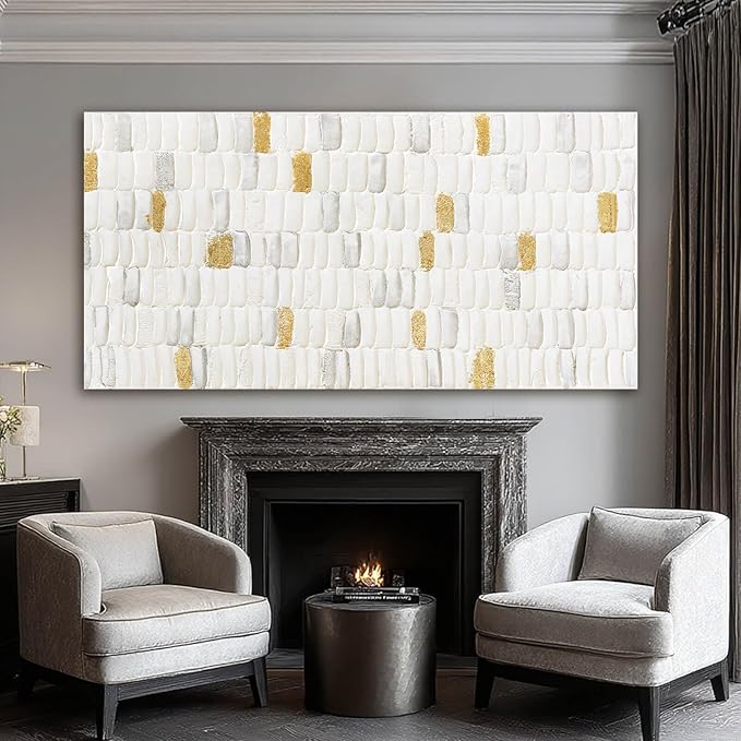 YETHEN WAL White and Gold Textured Abstract Wall Art, Minimalist Neutral Canvas - Image 7
