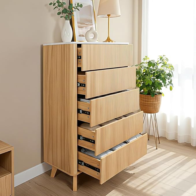 Fluted 5 Drawers Dresser for Bedroom, Curved Profile Design, Wood Drawer - Image 6