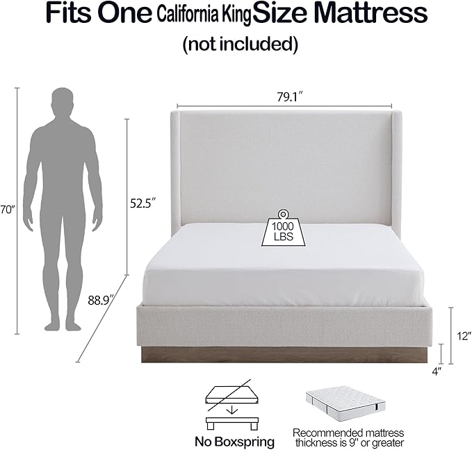 California King Size Upholstered Platform Bed Frame, 52.5" Tall Headboard - Image 2