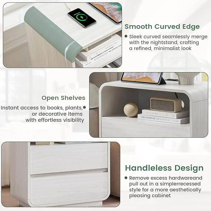 White Nightstand with Charging Station, Modern End Table with 2 Storage Drawers - Image 7