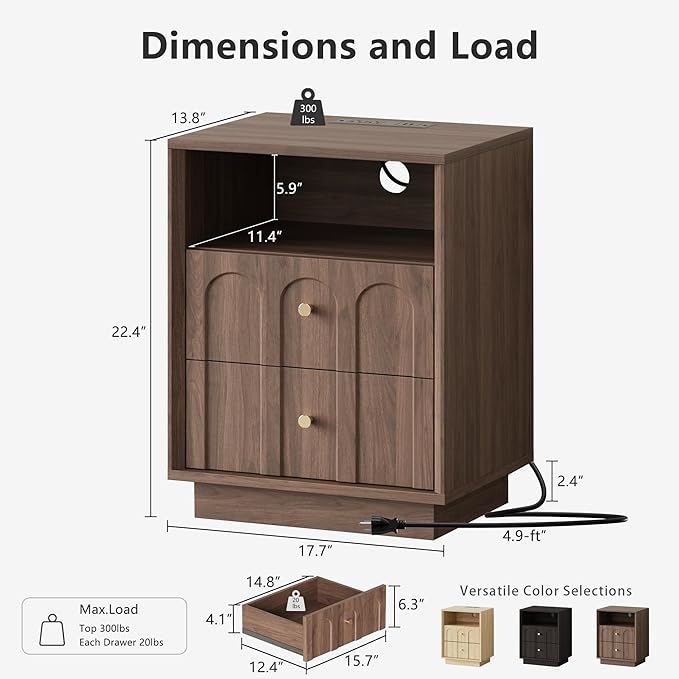 Nightstand Set of 2 with Charging Station, Mid Century Modern Nightstand with - Image 2