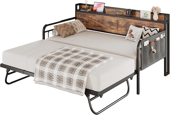 LIKIMIO Twin Daybed with Trundle Bed, Storage Headboard with Charging Station by LIKIMIO