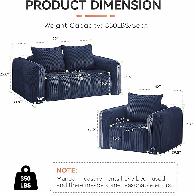 Corduroy Boneless Living Room Sets, Modern Upholstered Loveseat - Image 2