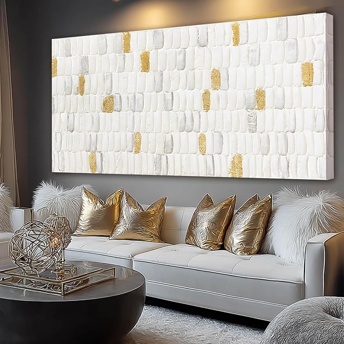 YETHEN WAL White and Gold Textured Abstract Wall Art, Minimalist Neutral Canvas by Unknown