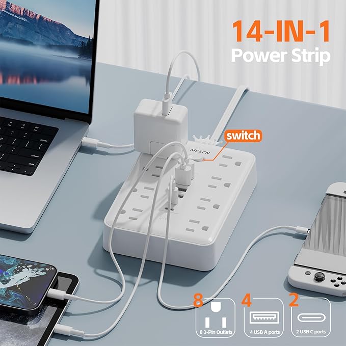 Surge Protector Power Strip -MCSCN 8 Outlets 6 USB - Image 2