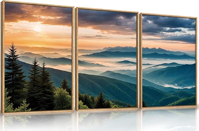 LHIUEM Large Nature Mountain Sunrise Framed Canvas Wall Art, Modern Misty Tree by LHIUEM