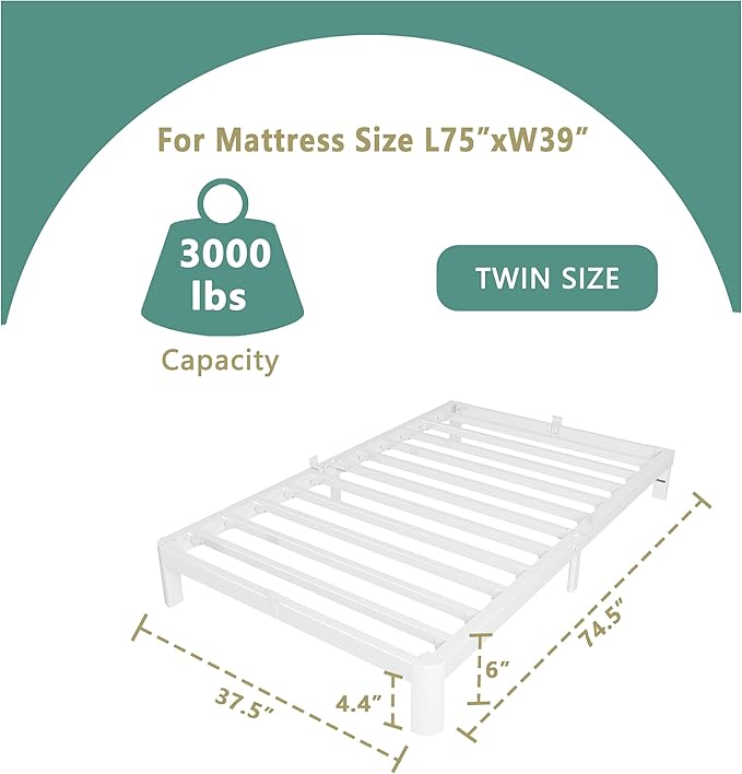 ITIMIDI 6 Inch Twin White Bed Frames, Platform Bed Frame - Image 2