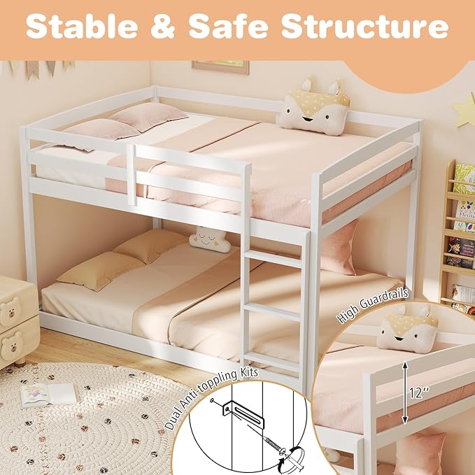 KOMFOTT Low Bunk Bed Full Over Full, Solid Wood Full Bed Frame - Image 7