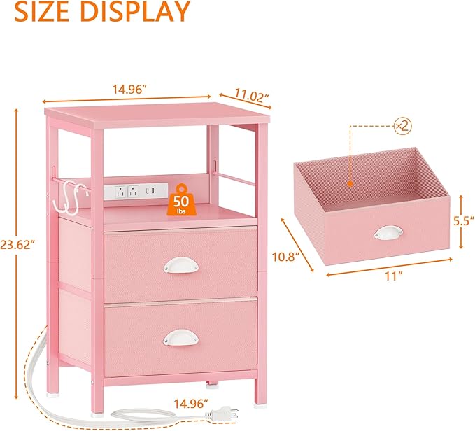 Furologee Nightstand with Charging Station, Night Stand with 2 Fabric Drawers - Image 4