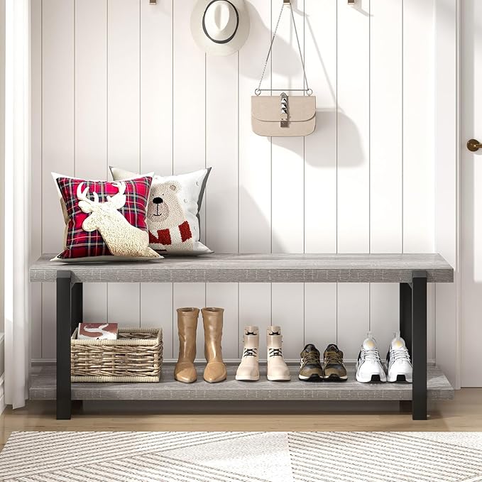 FOLUBAN Entryway Bench, Vintage Wood and Metal Shoe Bench - Image 8