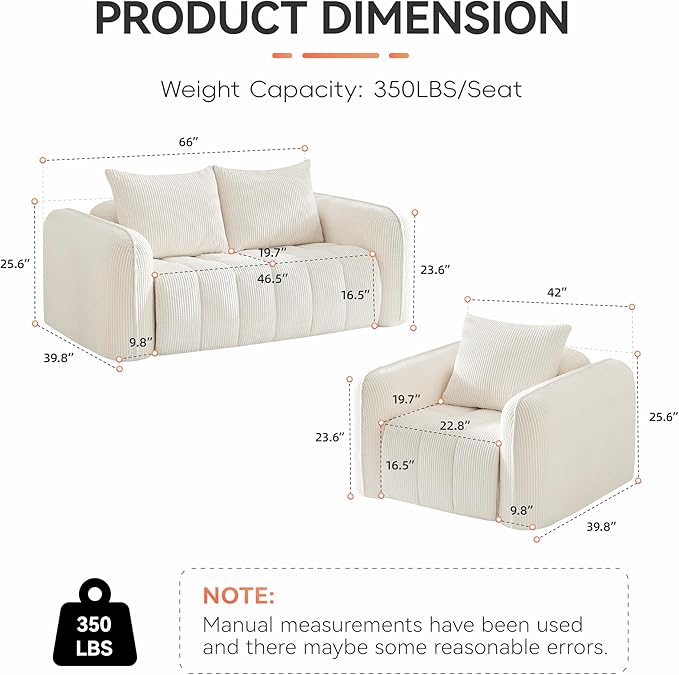 Corduroy Boneless Living Room Sets, Modern Upholstered Loveseat - Image 2
