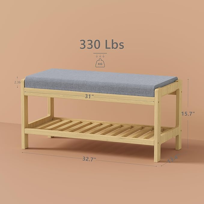 Shoe Bench Entryway, Solid Wood 2-Tier Shoe Rack Bench - Image 3