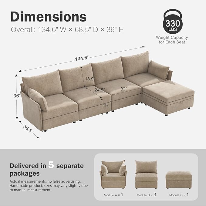 ABCASA 134.6" Luxury Modular Sectional Convertible Sofa - Image 2