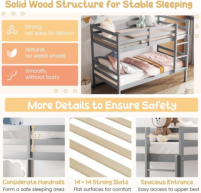 Giantex Bunk Bed Twin Over Twin, Solid Wood Bunk Bed - Image 7