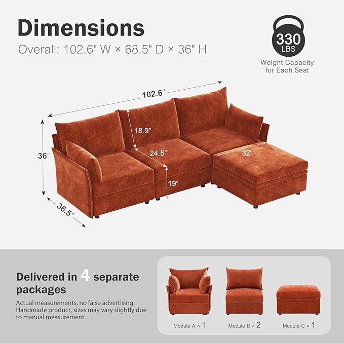 ABCASA 102.6" Modular Sectional Sofa, L Shaped Couch Set - Image 2