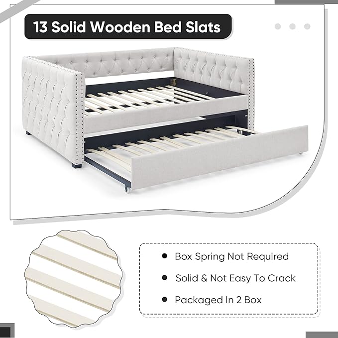 Antetek Daybed with Trundle, Modern Upholstered Full Size Button-Tufted Sofa - Image 8
