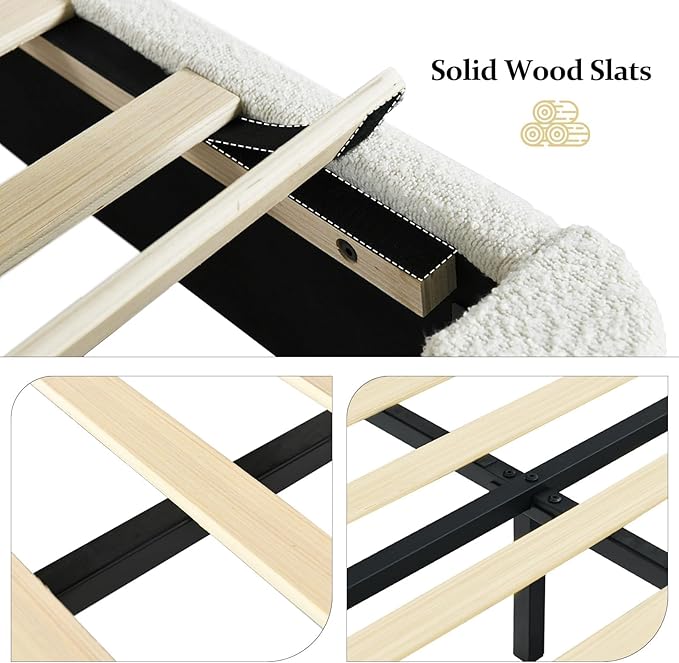 King Size Bed Frame and Headboard, Soft Boucle Fabric, No Box Spring Needed - Image 7