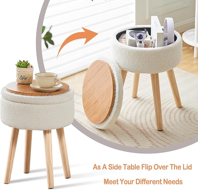 Mxfurhawa Storage Ottoman Foot Stool Teddy Velvet Round Vanity Stool Tray Top - Image 3