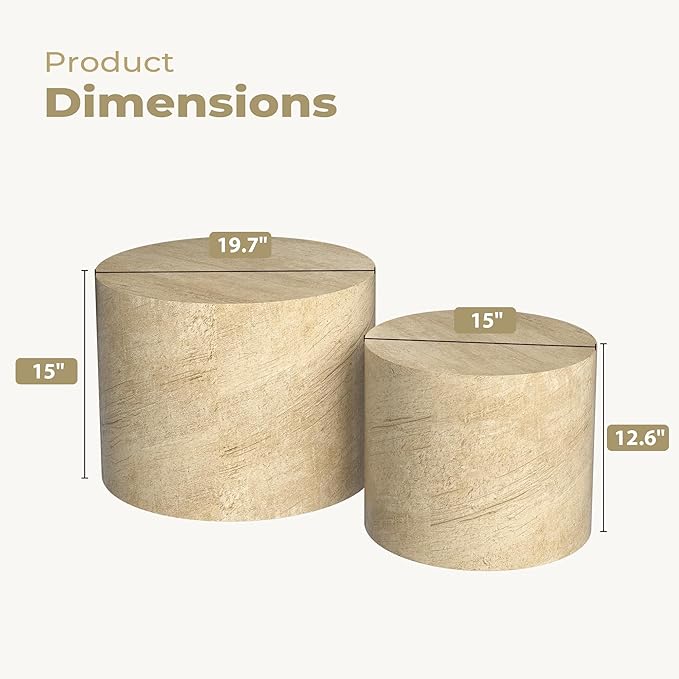 Nesting Coffee Table Set of 2, Round Beige Nesting Table Modern Circle Coffee - Image 2