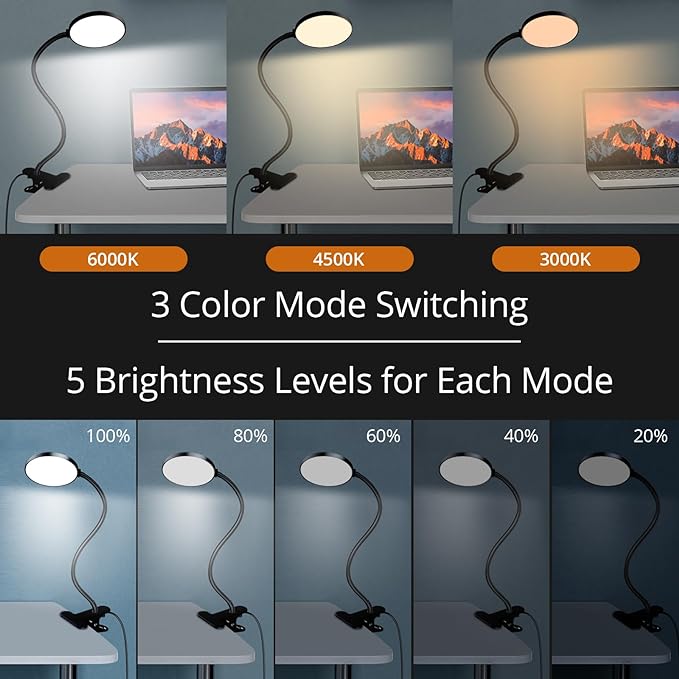 Reading Light with Remote, LED Desk Lamp Clip on RA>95 Dimmable Flexible - Image 5