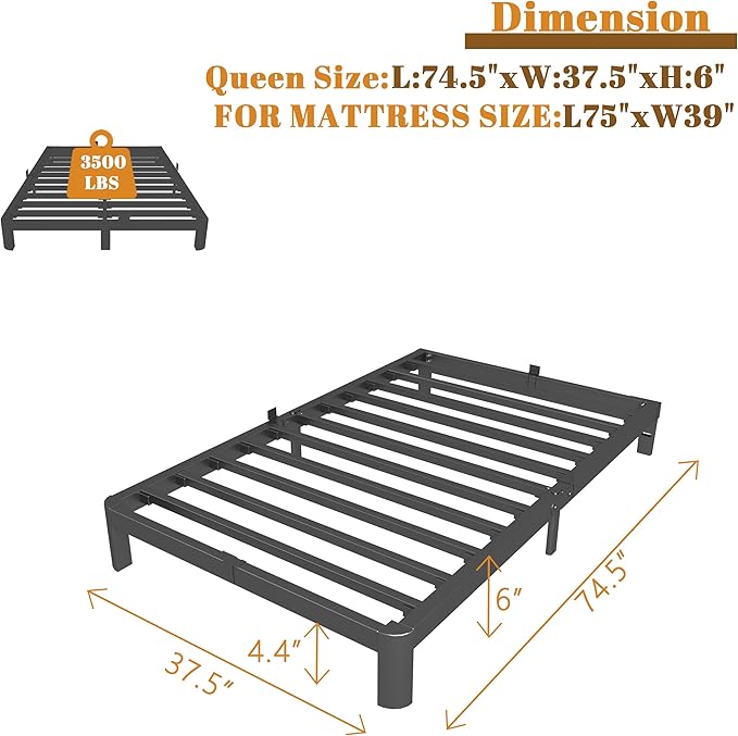 Twin Bed Frames 6 Inch, No Box Spring Need, Heavy Duty Steel Platform Support - Image 2