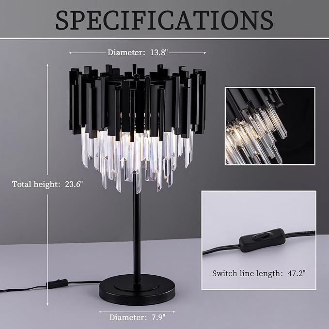 Wellmet Black Crystal Table Lamp, 3 Lights Table Lamps - Image 8