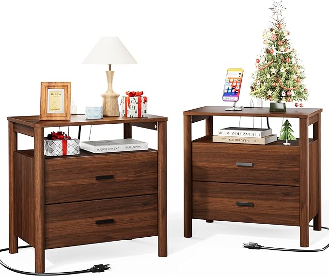 FavourLife Night Stand Set 2, Walnut Nightstand by FavourLife