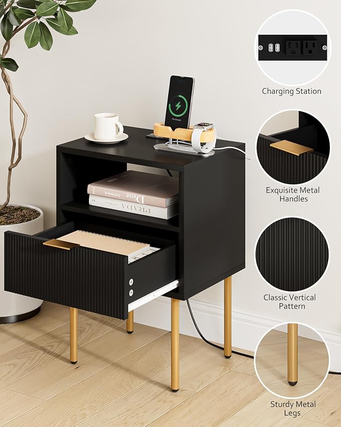 Masupu Nightstand with Charging Station, Mid-Century Modern Bedside Table with - Image 6