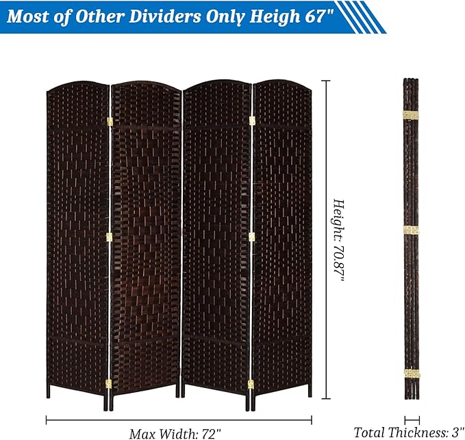 VINGLI 6 FT Tall Rattan Room Divider, Folding Privacy Screen, Indoor Partition - Image 3